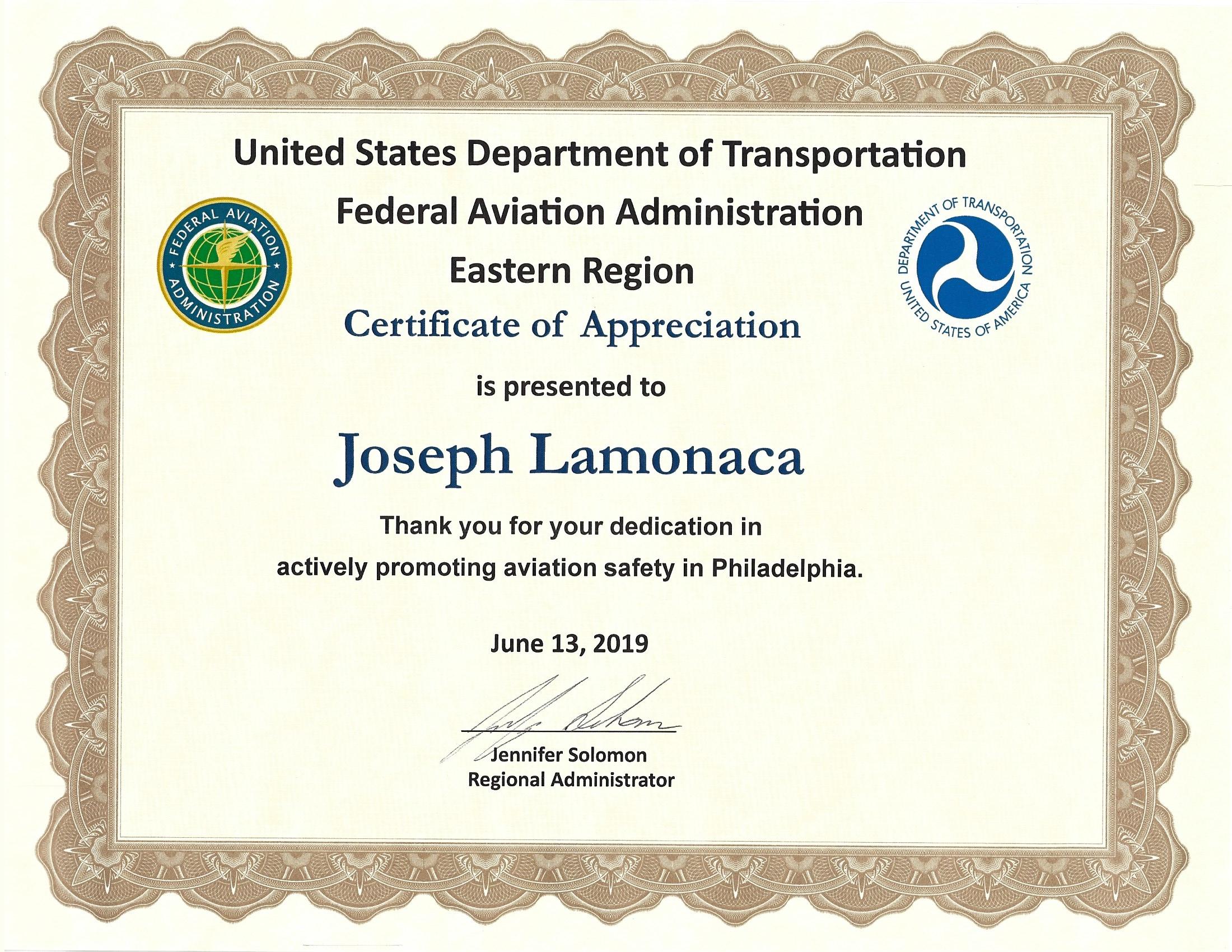 FAA Extraordinary Service Award 2019